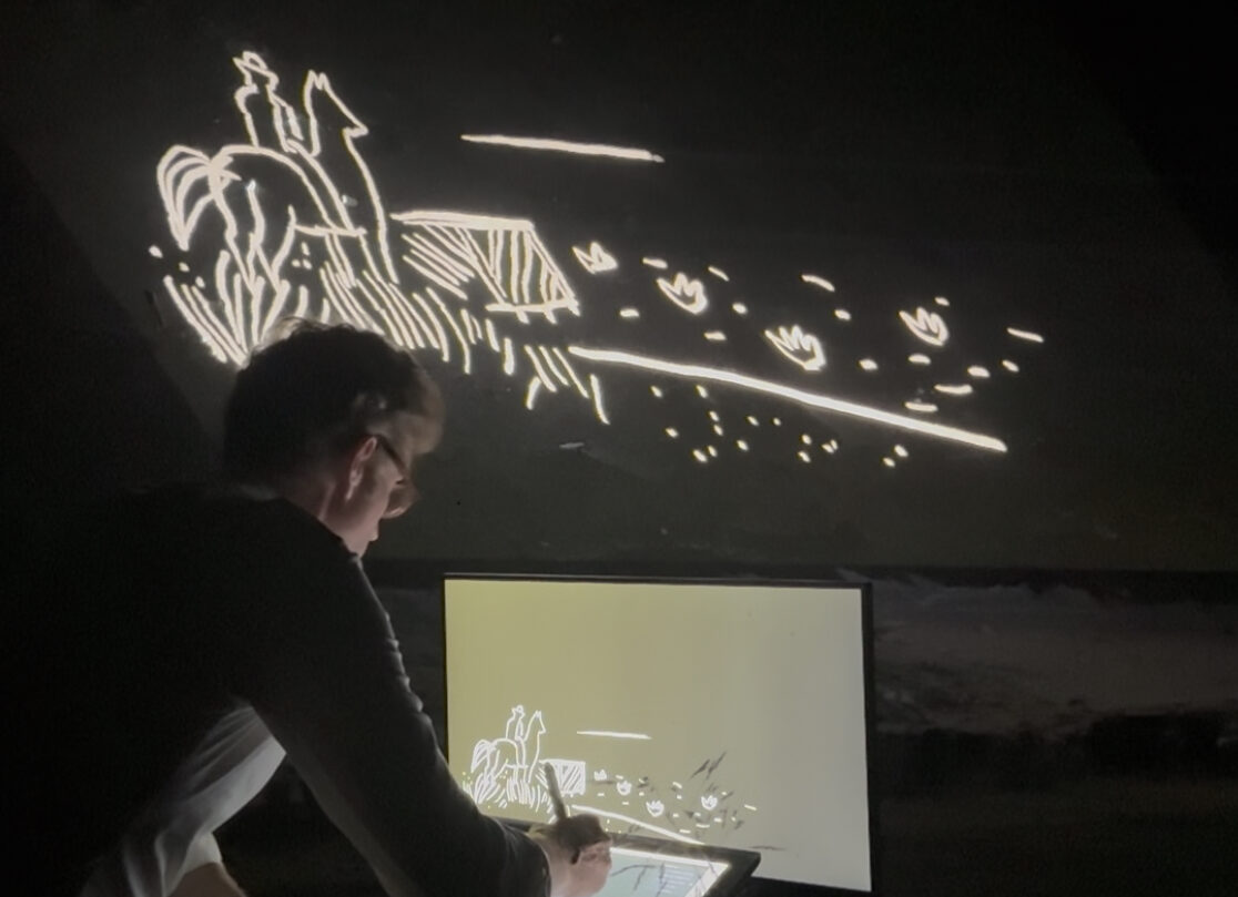 Tablette digitale, chevalet de table et Écran de retransmission d'un portrait live digital lors d'une animation artistique luxe